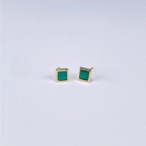 Malachite Square Stud Earrings 18K Gold S925